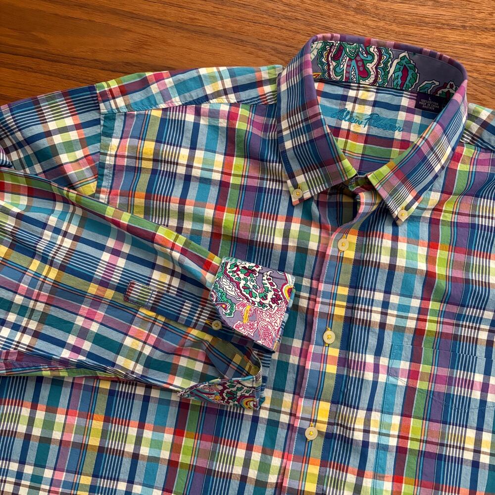 Alan Flusser men’s multi color plaid long sleeve button down dress shirt large